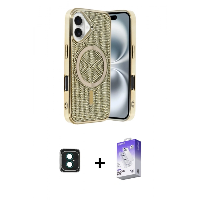 MARSİLYAN™- iPhone 16 Kılıf Eksen Çizgi - Siyah Bilvis 5in1 3D Magic Cam Ekran Koruyucu + PVD Metal Kamera Lens - YL