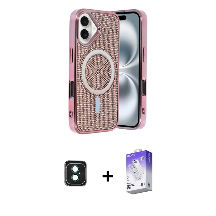 MARSİLYAN™- iPhone 16 Kılıf Eksen Çizgi - Siyah Bilvis 5in1 3D Magic Cam Ekran Koruyucu + PVD Metal Kamera Lens - YL