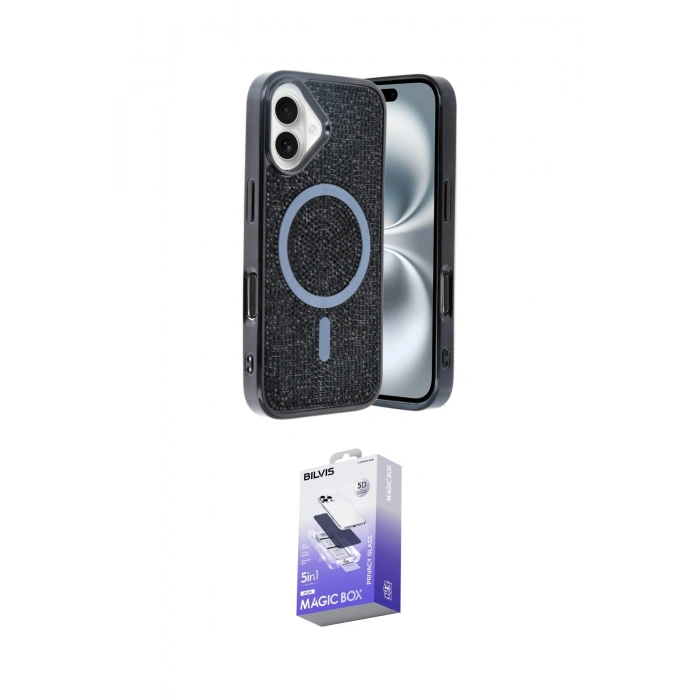 MARSİLYAN™- iPhone 16 Kılıf Eksen Çizgi - Siyah Bilvis 5in1 5D Magic Hayalet Cam Ekran Koruyucu