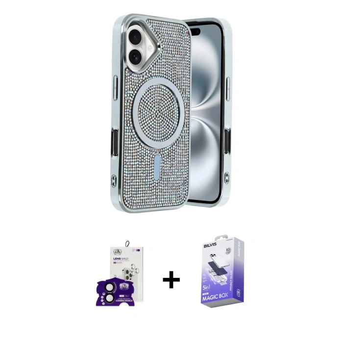 MARSİLYAN™- iPhone 16 Kılıf Eksen Çizgi - Siyah Bilvis 5in1 5D Magic Hayalet Cam Ekran Koruyucu + Bilvis Titan Kamera Lens - SH