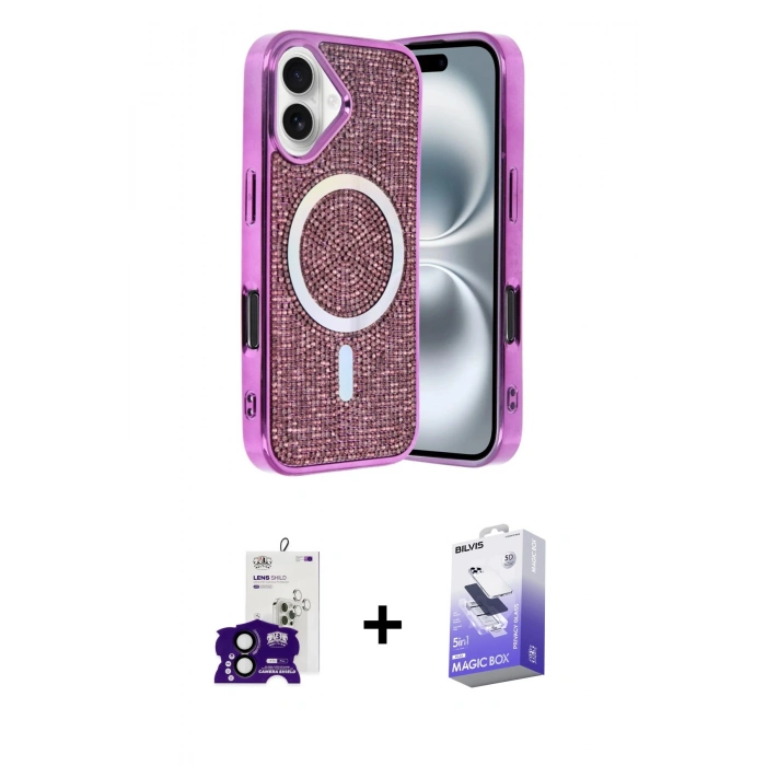 MARSİLYAN™- iPhone 16 Kılıf Eksen Çizgi - Siyah Bilvis 5in1 5D Magic Hayalet Cam Ekran Koruyucu + Bilvis Titan Kamera Lens - SH