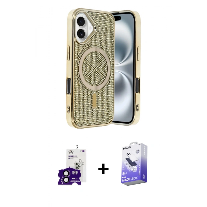MARSİLYAN™- iPhone 16 Kılıf Eksen Çizgi - Siyah Bilvis 5in1 5D Magic Hayalet Cam Ekran Koruyucu + Bilvis Titan Kamera Lens - SH