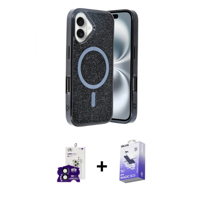MARSİLYAN™- iPhone 16 Kılıf Eksen Çizgi - Siyah Bilvis 5in1 5D Magic Hayalet Cam Ekran Koruyucu + Bilvis Titan Kamera Lens - SH