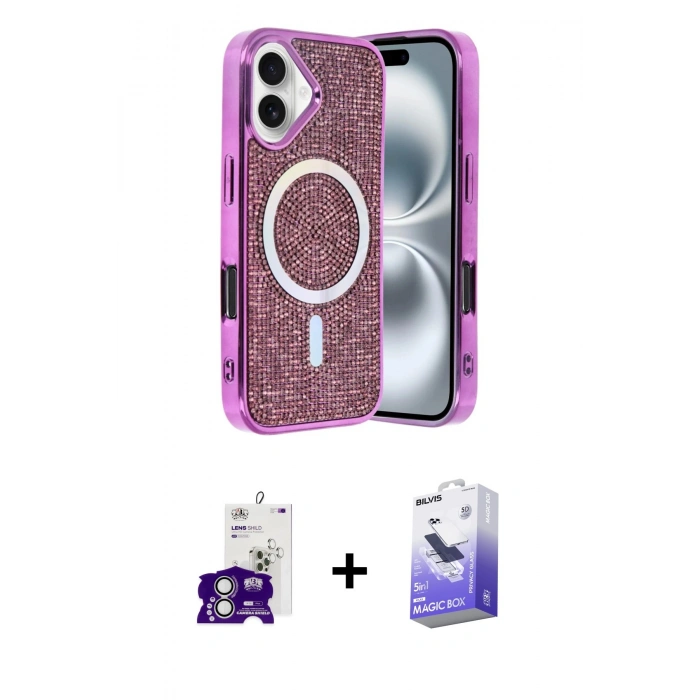 MARSİLYAN™- iPhone 16 Kılıf Eksen Çizgi - Siyah Bilvis 5in1 5D Magic Hayalet Cam Ekran Koruyucu + Bilvis Titan Kamera Lens - GS