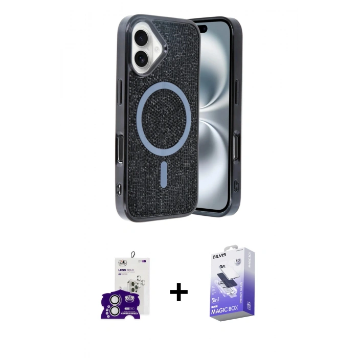 MARSİLYAN™- iPhone 16 Kılıf Eksen Çizgi - Siyah Bilvis 5in1 5D Magic Hayalet Cam Ekran Koruyucu + Bilvis Titan Kamera Lens - GS
