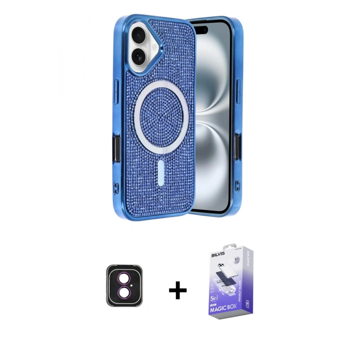 MARSİLYAN™- iPhone 16 Kılıf Eksen Çizgi - Siyah Bilvis 5in1 5D Magic Hayalet Cam Ekran Koruyucu + PVD Metal Kamera Lens - PE