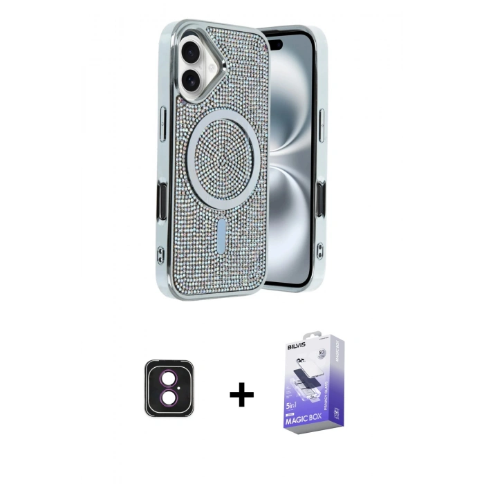 MARSİLYAN™- iPhone 16 Kılıf Eksen Çizgi - Siyah Bilvis 5in1 5D Magic Hayalet Cam Ekran Koruyucu + PVD Metal Kamera Lens - PE