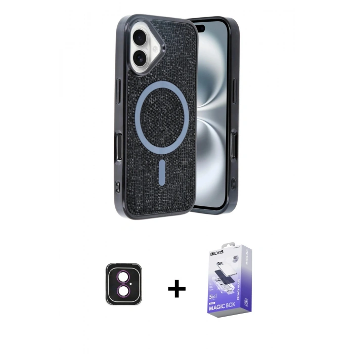 MARSİLYAN™- iPhone 16 Kılıf Eksen Çizgi - Siyah Bilvis 5in1 5D Magic Hayalet Cam Ekran Koruyucu + PVD Metal Kamera Lens - PE