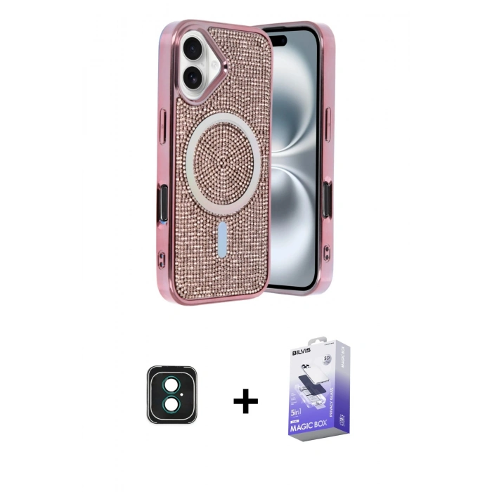 MARSİLYAN™- iPhone 16 Kılıf Eksen Çizgi - Siyah Bilvis 5in1 5D Magic Hayalet Cam Ekran Koruyucu + PVD Metal Kamera Lens - YL