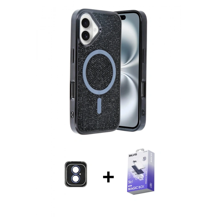 MARSİLYAN™- iPhone 16 Kılıf Eksen Çizgi - Siyah Bilvis 5in1 5D Magic Hayalet Cam Ekran Koruyucu + PVD Metal Kamera Lens - MI