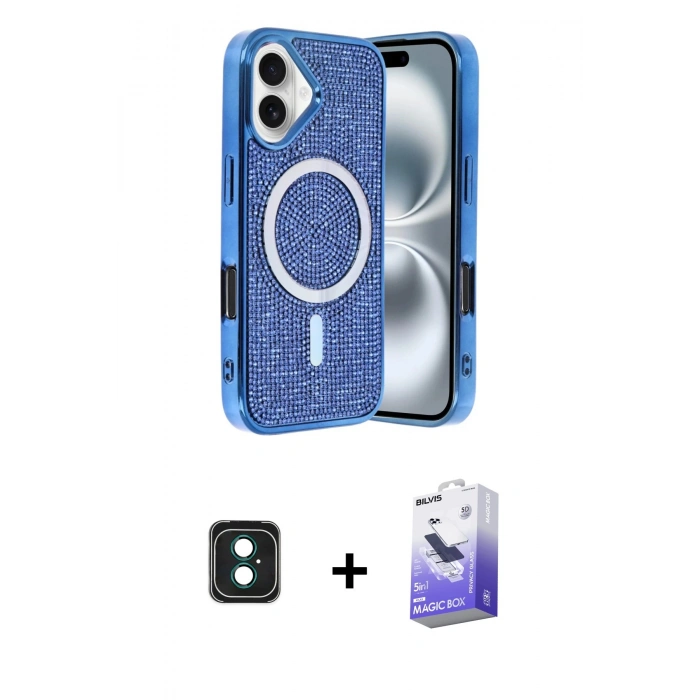MARSİLYAN™- iPhone 16 Kılıf Eksen Çizgi - Siyah Bilvis 5in1 5D Magic Hayalet Cam Ekran Koruyucu + PVD Metal Kamera Lens - YL