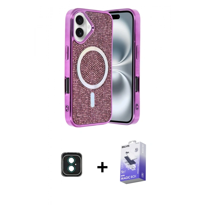 MARSİLYAN™- iPhone 16 Kılıf Eksen Çizgi - Siyah Bilvis 5in1 5D Magic Hayalet Cam Ekran Koruyucu + PVD Metal Kamera Lens - YL