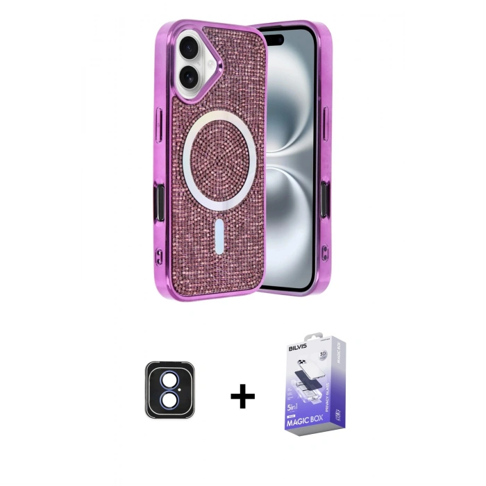 MARSİLYAN™- iPhone 16 Kılıf Eksen Çizgi - Siyah Bilvis 5in1 5D Magic Hayalet Cam Ekran Koruyucu + PVD Metal Kamera Lens - MI