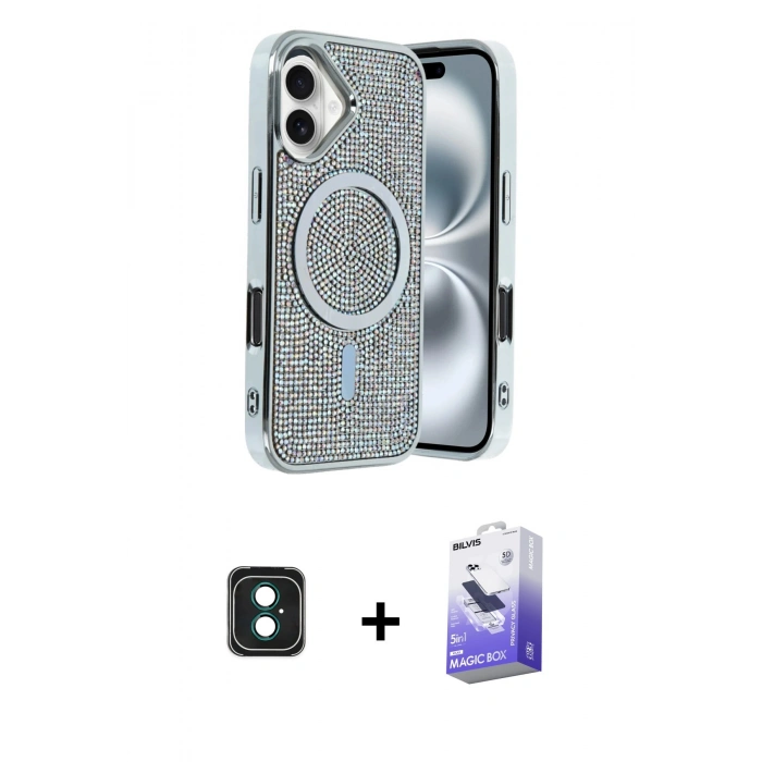 MARSİLYAN™- iPhone 16 Kılıf Eksen Çizgi - Siyah Bilvis 5in1 5D Magic Hayalet Cam Ekran Koruyucu + PVD Metal Kamera Lens - YL