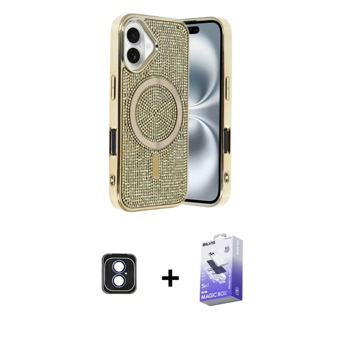 MARSİLYAN™- iPhone 16 Kılıf Eksen Çizgi - Siyah Bilvis 5in1 5D Magic Hayalet Cam Ekran Koruyucu + PVD Metal Kamera Lens - MI