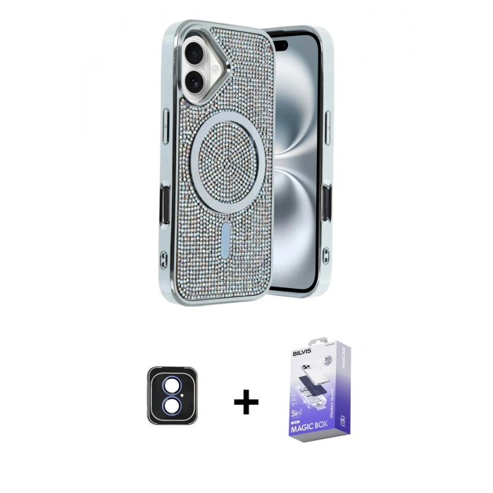 MARSİLYAN™- iPhone 16 Kılıf Eksen Çizgi - Siyah Bilvis 5in1 5D Magic Hayalet Cam Ekran Koruyucu + PVD Metal Kamera Lens - MI