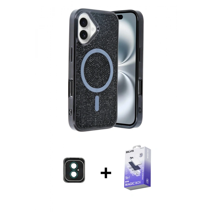 MARSİLYAN™- iPhone 16 Kılıf Eksen Çizgi - Siyah Bilvis 5in1 5D Magic Hayalet Cam Ekran Koruyucu + PVD Metal Kamera Lens - YL