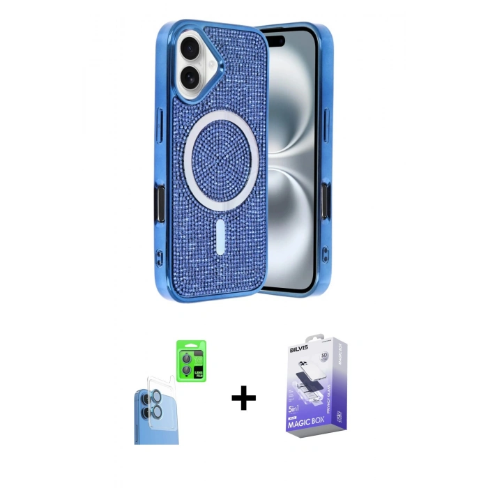 MARSİLYAN™- iPhone 16 Kılıf Eksen Çizgi - Siyah Bilvis 5in1 5D Magic Hayalet Cam Ekran Koruyucu + Raze Metal Kamera Lens - LT