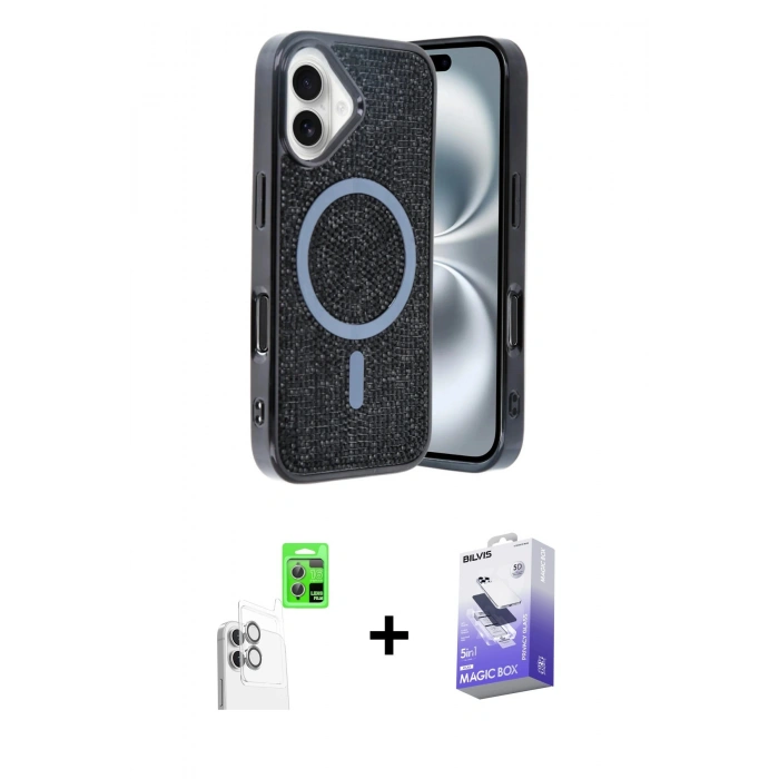 MARSİLYAN™- iPhone 16 Kılıf Eksen Çizgi - Siyah Bilvis 5in1 5D Magic Hayalet Cam Ekran Koruyucu + Raze Metal Kamera Lens - BZ