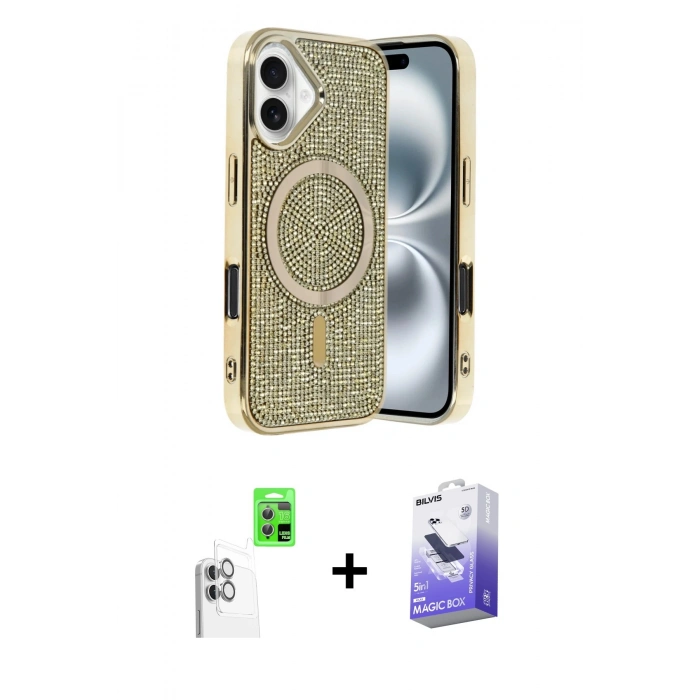 MARSİLYAN™- iPhone 16 Kılıf Eksen Çizgi - Siyah Bilvis 5in1 5D Magic Hayalet Cam Ekran Koruyucu + Raze Metal Kamera Lens - BZ