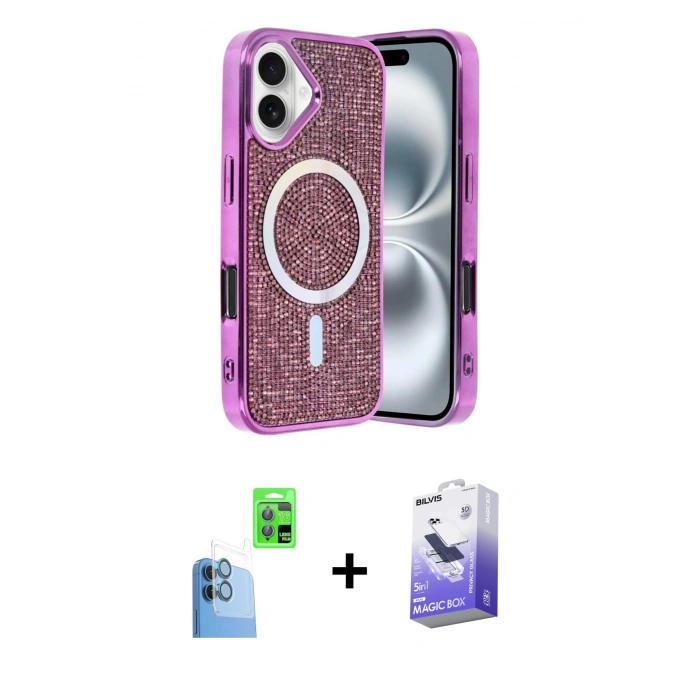MARSİLYAN™- iPhone 16 Kılıf Eksen Çizgi - Siyah Bilvis 5in1 5D Magic Hayalet Cam Ekran Koruyucu + Raze Metal Kamera Lens - LT