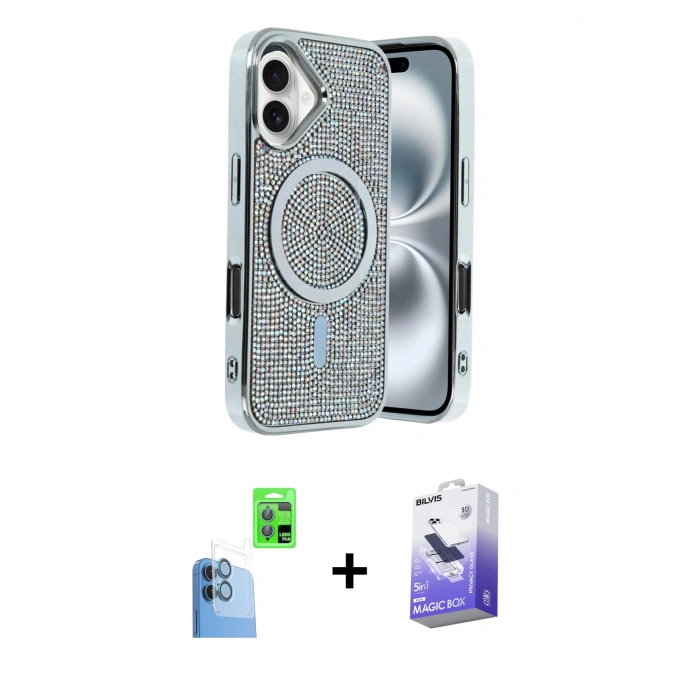 MARSİLYAN™- iPhone 16 Kılıf Eksen Çizgi - Siyah Bilvis 5in1 5D Magic Hayalet Cam Ekran Koruyucu + Raze Metal Kamera Lens - LT
