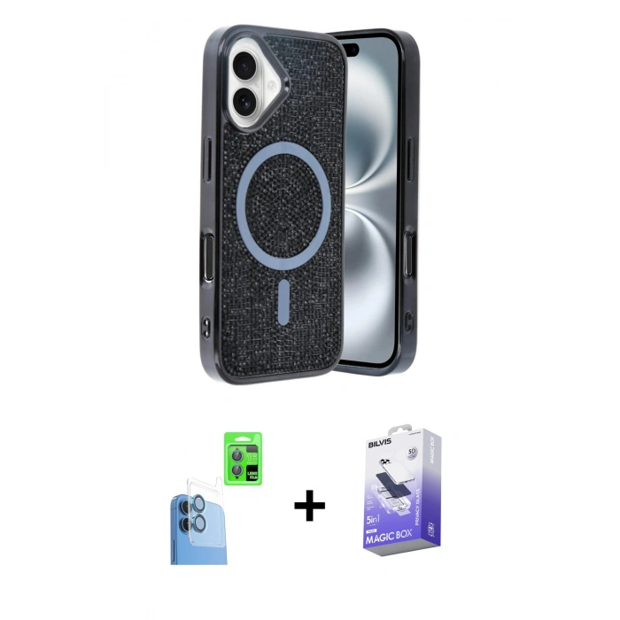 MARSİLYAN™- iPhone 16 Kılıf Eksen Çizgi - Siyah Bilvis 5in1 5D Magic Hayalet Cam Ekran Koruyucu + Raze Metal Kamera Lens - LT