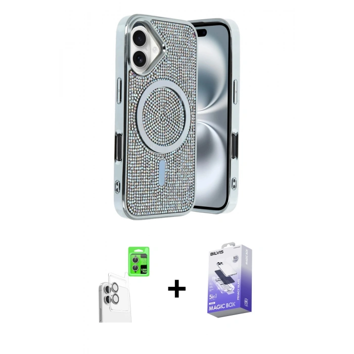 MARSİLYAN™- iPhone 16 Kılıf Eksen Çizgi - Siyah Bilvis 5in1 5D Magic Hayalet Cam Ekran Koruyucu + Raze Metal Kamera Lens - BZ