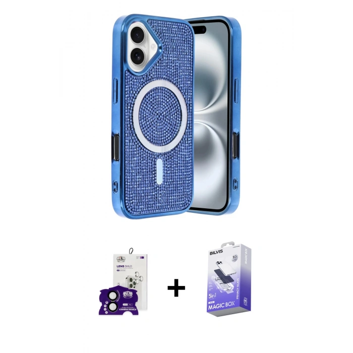 MARSİLYAN™- iPhone 16 Kılıf Eksen Çizgi - Siyah Bilvis 5in1 5D Magic Hayalet Cam Ekran Koruyucu + Bilvis Titan Kamera Lens - SH