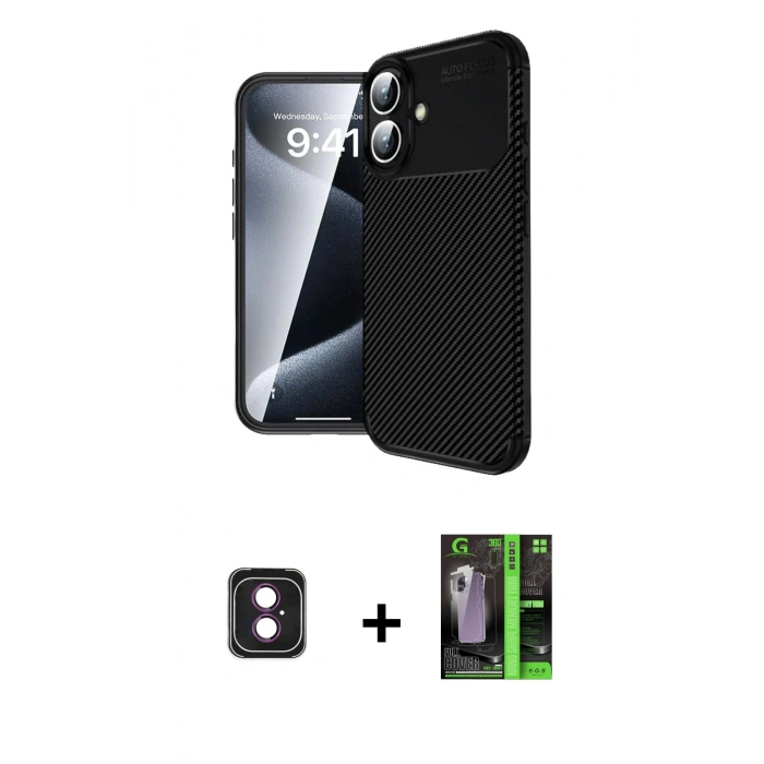 MARSİLYAN™- iPhone 16 Kılıf Eksen Form Prime - Şeffaf 360 Full Body Arka Koruyucu + PVD Metal Kamera Lens - PE