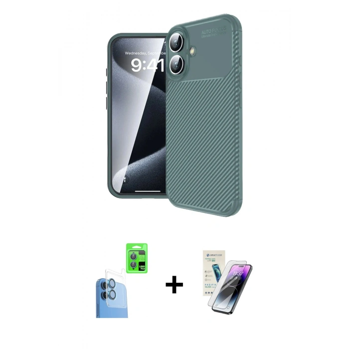 MARSİLYAN™- iPhone 16 Kılıf Eksen Form Prime - Şeffaf Pasifik Cam Ekran Koruyucu + Raze Metal Kamera Lens - LT