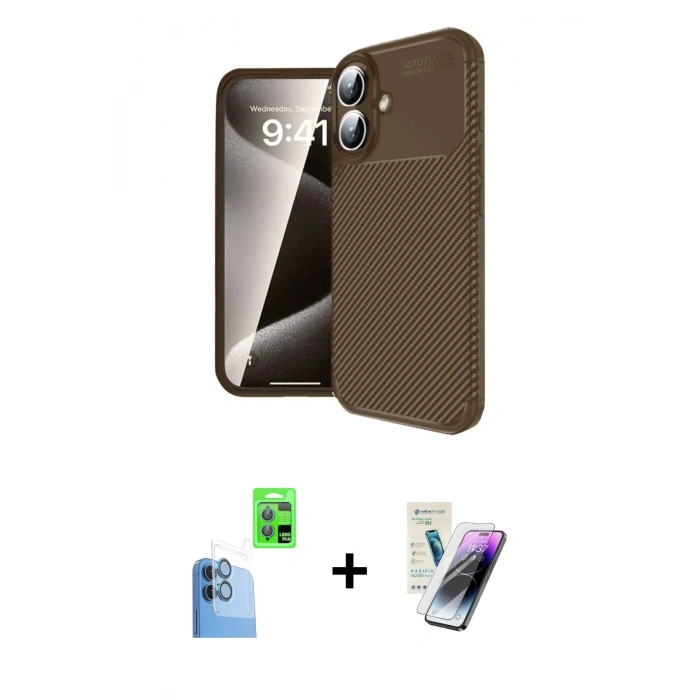 MARSİLYAN™- iPhone 16 Kılıf Eksen Form Prime - Şeffaf Pasifik Cam Ekran Koruyucu + Raze Metal Kamera Lens - LT