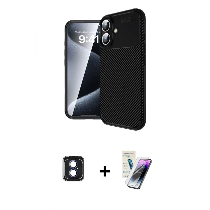 MARSİLYAN™- iPhone 16 Kılıf Eksen Form Prime - Şeffaf Pasifik Cam Ekran Koruyucu + Mavi PVD Metal Kamera Lens