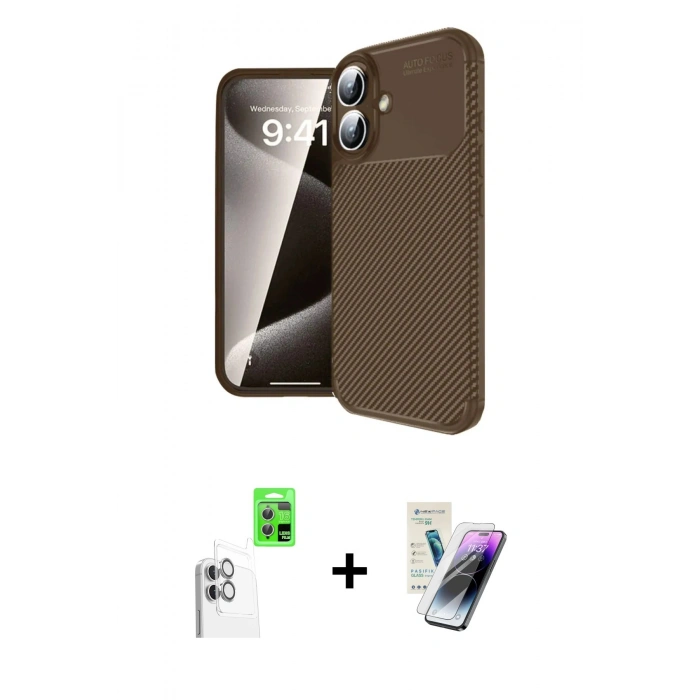 MARSİLYAN™- iPhone 16 Kılıf Eksen Form Prime - Şeffaf Pasifik Cam Ekran Koruyucu + Raze Metal Kamera Lens - BZ