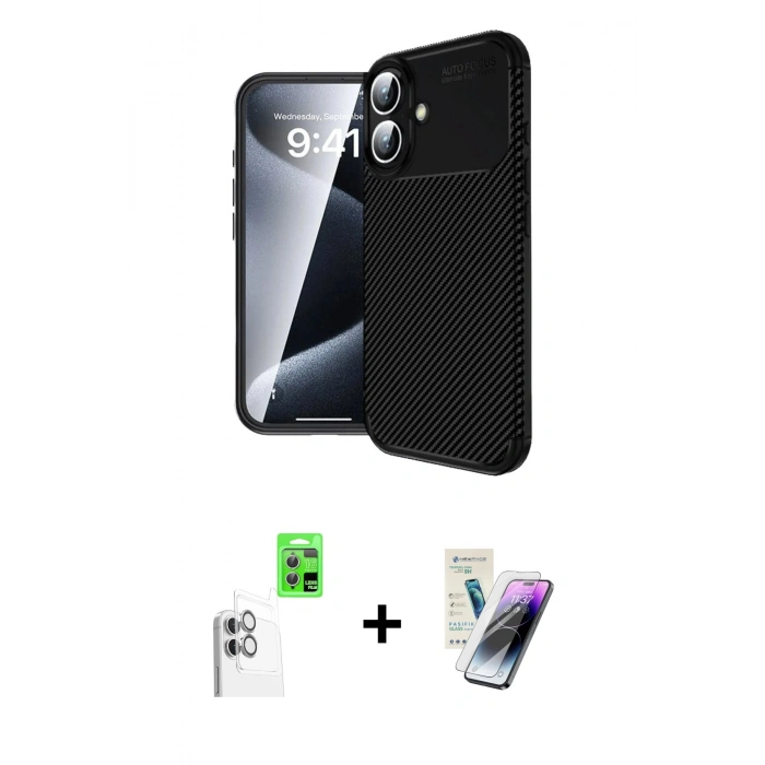 MARSİLYAN™- iPhone 16 Kılıf Eksen Form Prime - Şeffaf Pasifik Cam Ekran Koruyucu + Raze Metal Kamera Lens - BZ