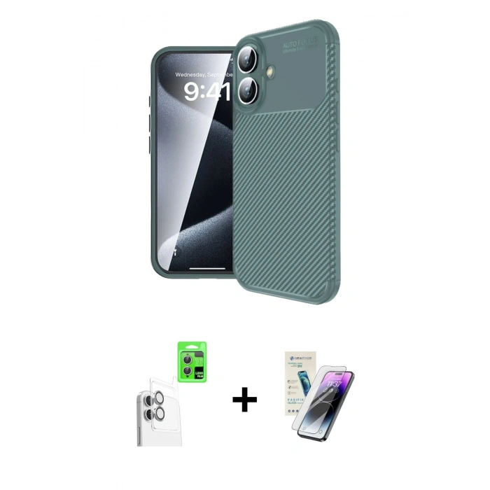 MARSİLYAN™- iPhone 16 Kılıf Eksen Form Prime - Şeffaf Pasifik Cam Ekran Koruyucu + Raze Metal Kamera Lens - BZ