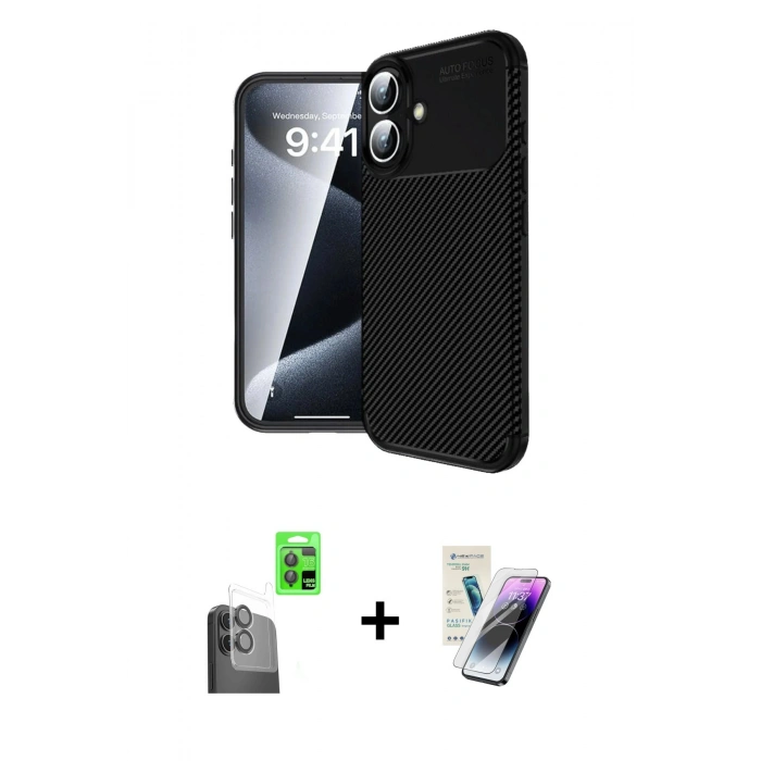 MARSİLYAN™- iPhone 16 Kılıf Eksen Form Prime - Şeffaf Pasifik Cam Ekran Koruyucu + Raze Metal Kamera Lens - SH