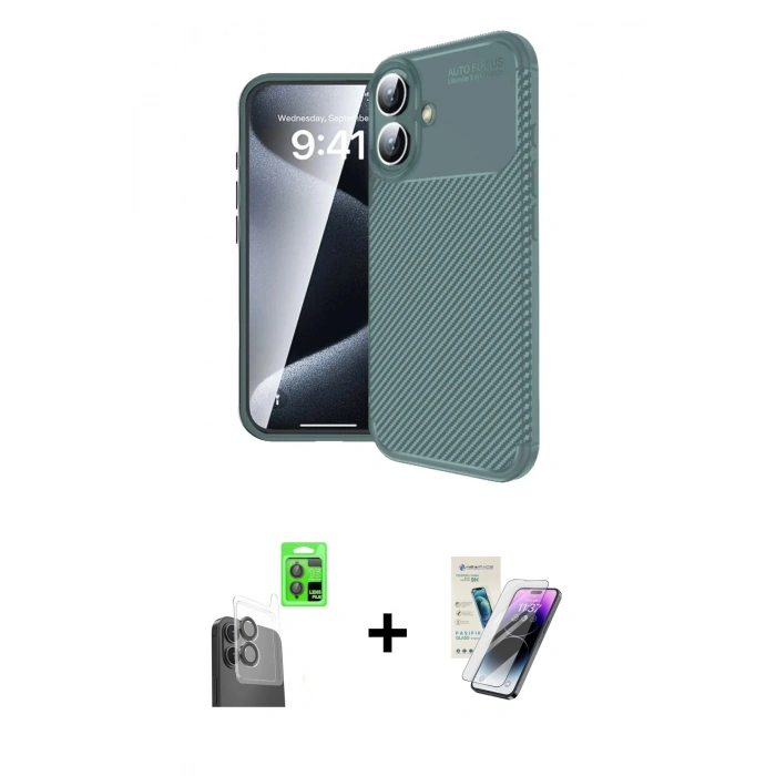 MARSİLYAN™- iPhone 16 Kılıf Eksen Form Prime - Şeffaf Pasifik Cam Ekran Koruyucu + Raze Metal Kamera Lens - SH