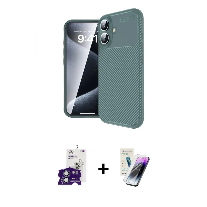 MARSİLYAN™- iPhone 16 Kılıf Eksen Form Prime - Şeffaf Pasifik Cam Ekran Koruyucu + Bilvis Titan Kamera Lens - YL