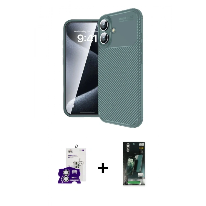 MARSİLYAN™- iPhone 16 Kılıf Eksen Form Prime - Siyah 360 Mat Full Body Arka Koruyucu + Bilvis Titan Kamera Lens - GS