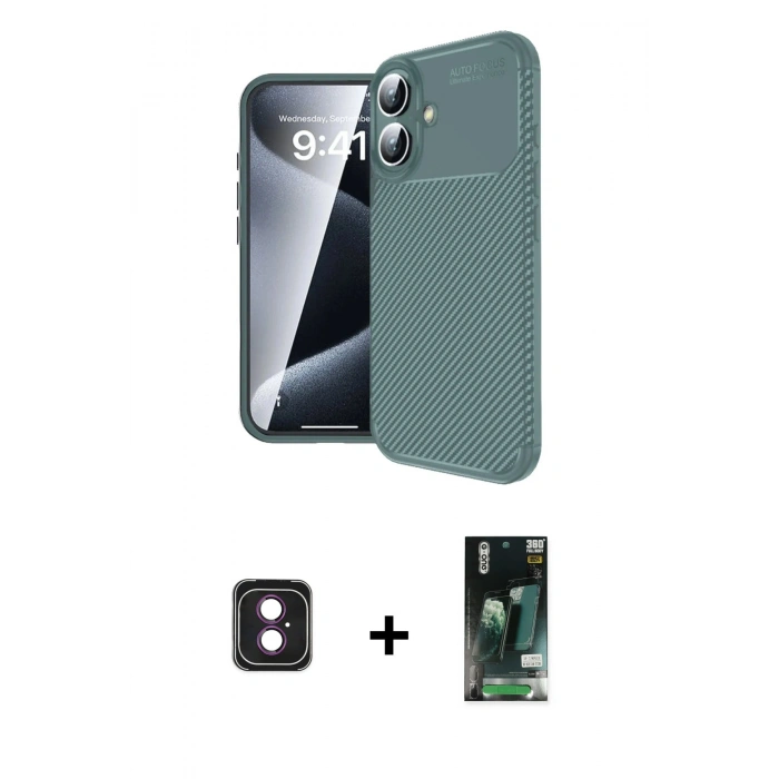 MARSİLYAN™- iPhone 16 Kılıf Eksen Form Prime - Siyah 360 Mat Full Body Arka Koruyucu + PVD Metal Kamera Lens - PE