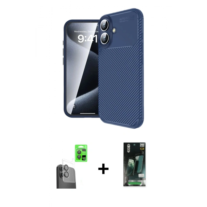 MARSİLYAN™- iPhone 16 Kılıf Eksen Form Prime - Siyah 360 Mat Full Body Arka Koruyucu + Raze Metal Kamera Lens - SH