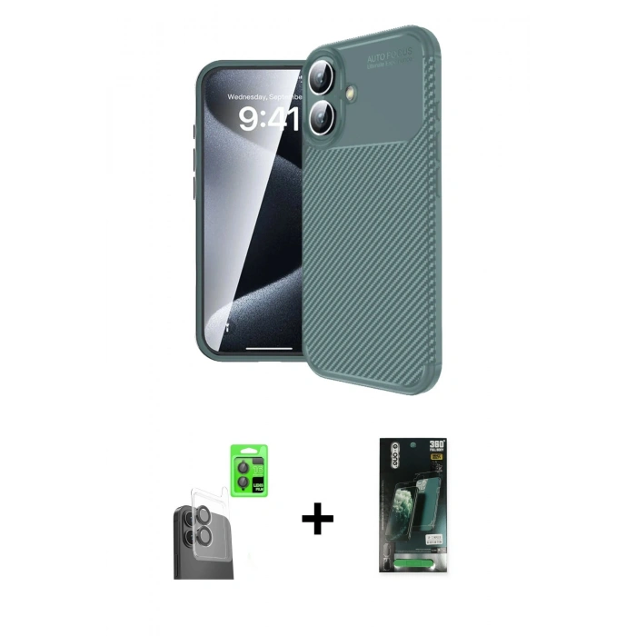 MARSİLYAN™- iPhone 16 Kılıf Eksen Form Prime - Siyah 360 Mat Full Body Arka Koruyucu + Raze Metal Kamera Lens - SH