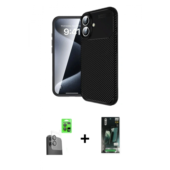 MARSİLYAN™- iPhone 16 Kılıf Eksen Form Prime - Siyah 360 Mat Full Body Arka Koruyucu + Raze Metal Kamera Lens - SH