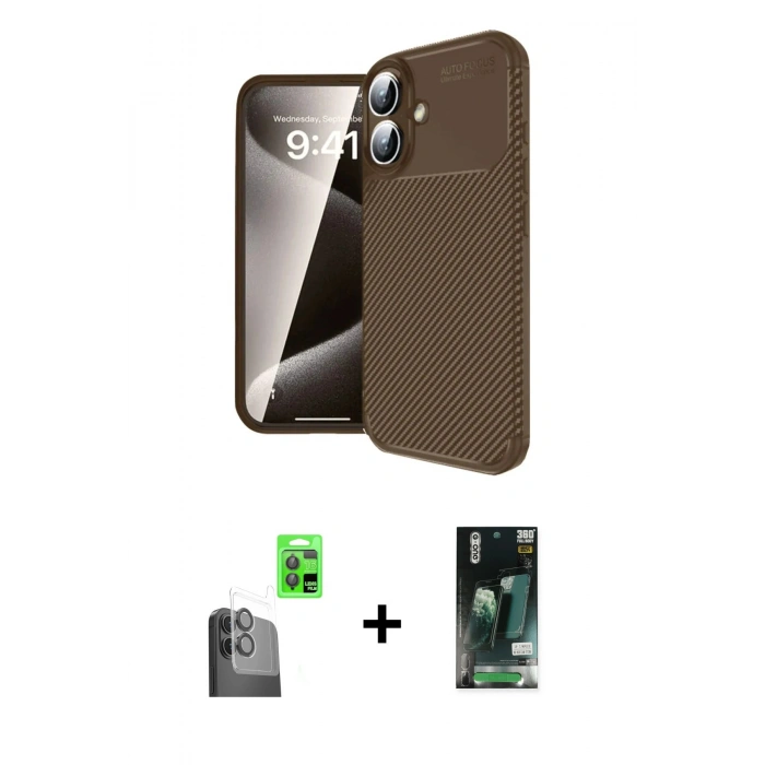 MARSİLYAN™- iPhone 16 Kılıf Eksen Form Prime - Siyah 360 Mat Full Body Arka Koruyucu + Raze Metal Kamera Lens - SH