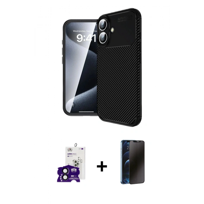 MARSİLYAN™- iPhone 16 Kılıf Eksen Form Prime - Siyah 3D Antistatik Hayalet Cam Ekran Koruyucu + Bilvis Titan Kamera Lens - SH