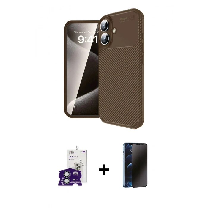 MARSİLYAN™- iPhone 16 Kılıf Eksen Form Prime - Siyah 3D Antistatik Hayalet Cam Ekran Koruyucu + Bilvis Titan Kamera Lens - YL