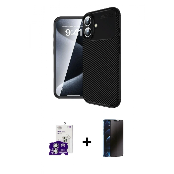MARSİLYAN™- iPhone 16 Kılıf Eksen Form Prime - Siyah 3D Antistatik Hayalet Cam Ekran Koruyucu + Bilvis Titan Kamera Lens - GS
