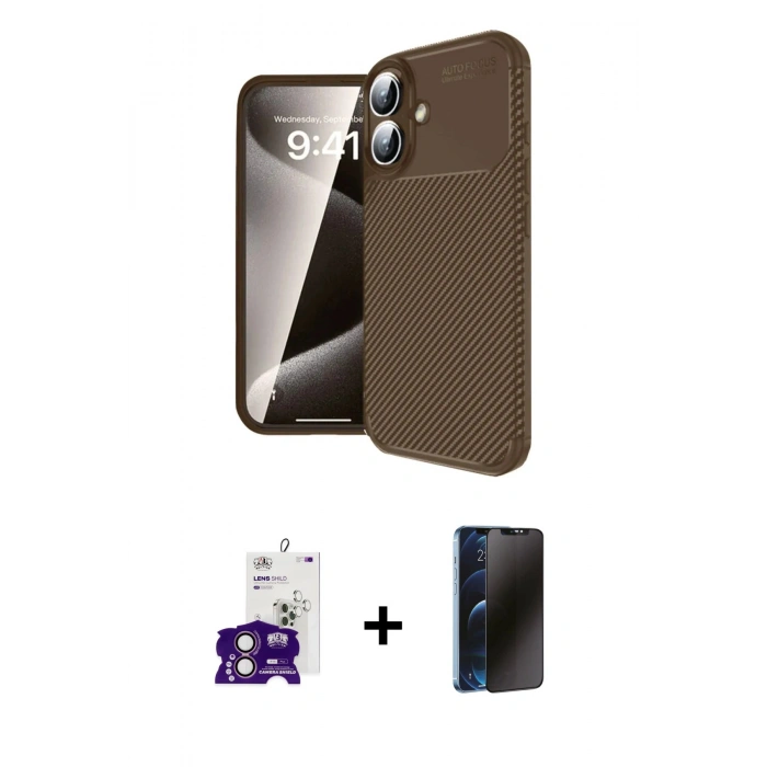 MARSİLYAN™- iPhone 16 Kılıf Eksen Form Prime - Siyah 3D Antistatik Hayalet Cam Ekran Koruyucu + Bilvis Titan Kamera Lens - PE