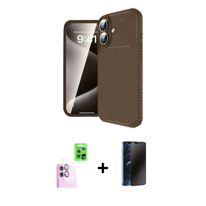 MARSİLYAN™- iPhone 16 Kılıf Eksen Form Prime - Siyah 3D Antistatik Hayalet Cam Ekran Koruyucu + Raze Metal Kamera Lens - PE